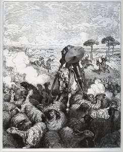 Don Quixote greift eine Schafherde an, da er glaubt, es handle sich um die Armee von Alibanfaron von Taprobana - aus „Don Quixote de la Mancha“ von Miguel Cervantes (1547-1616) - Holzschnitt nach einer Zeichnung von Gustave Dore von Gustave Dore