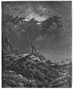 Don Quixote geht auf Mission für Dorothee, begleitet von Sancho Panza, Barbier, Dorothee, Pfarrer und Cardenio - aus „Don Quixote de la Mancha“ von Miguel Cervantes (1547-1616) - Holzschnitt nach einer Zeichnung von Gustave Dore von Gustave Dore