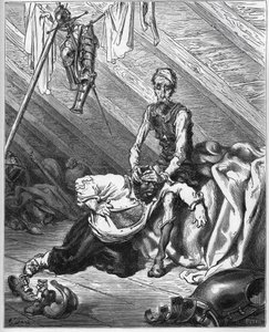 Don Quijote lässt Sancho Panza seinen kostbaren Balsam probieren, der sie beide von allen Übeln heilt - aus "Don Quijote von der Mancha" von Miguel Cervantes