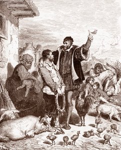 Don Quijote überredet seinen Nachbarn Sancho Panza, sein Knappe zu werden, indem er ihm verspricht, ihn zum Gouverneur einer eroberten Insel zu machen von Gustave Dore