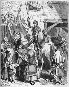Don Quixote dachte, er profitiere von der Gastfreundschaft eines Lords, weigerte sich, den Wirt zu bezahlen - aus „Don Quixote de la Mancha“ von Miguel Cervantes (1547-1616) - Holzschnitt nach einer Zeichnung von Gustave Doré von Gustave Dore