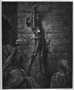 Don Quixote gefangen von der Tochter des Wirts und Maritornes, bleibt aus einem Fenster hängend - aus „Don Quixote de la Mancha“ von Miguel Cervantes (1547-1616) - Holzschnitt nach einer Zeichnung von Gustave Doré