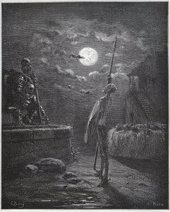 Don Quixote wacht über seine Waffen - aus „Don Quixote de la Mancha“ von Miguel Cervantes von Gustave Dore
