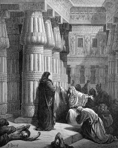 Ägypter drängen Moses zum Aufbruch, von Doré. - Bibel