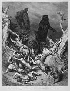 Elisa sieht zu, wie die Kinder von Bären zerstört werden, Illustration aus der Dore-Bibel