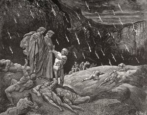 Stich von Gustave Doré (1832-1883), französischer Künstler und Illustrator für Inferno von Dante Alighieri, Canto XV, Zeilen 28 und 29