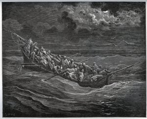 Flucht von Zoraide mit dem Gefangenen im Boot voller Flüchtlinge von Algier nach Spanien - aus „Don Quixote de la Mancha“ von Miguel Cervantes (1547-1616) - Holzschnitt nach einer Zeichnung von Gustave Doré