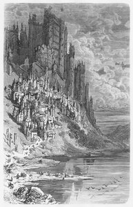 Fantasielandschaft mit Stadt und Schloss, Illustration aus 