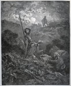 Erste Erscheinung der Deguenille-de-la-Malaise-Mine - aus „Don Quijote de la Mancha“ von Miguel Cervantes (1547-1616) (Don Quijote) - Holzschnitt nach einer Zeichnung von Gustave Dore.