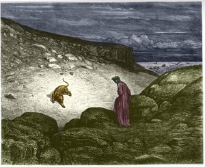 Erster Gesang der Hölle, ein Panther versperrt Dantes Weg. Illustration von Gustave Doré von Gustave Dore