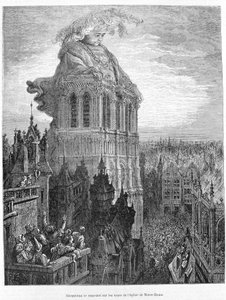 Gargantua ruht auf den Türmen der Kirche Unserer Lieben Frau. Gravur nach dem Werk Gargantua von François Rabelais (1483 - 1553) von Gustave Dore
