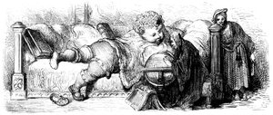 Gargantuas Erziehung: Der Riese als Kind liegt auf seinem Bett und studiert einen Globus mit seinen Lehrern. Illustration von Gustave Doré für das Werk von François Rabelais