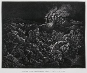 Gideon greift die Midianiter nachts an, Illustration aus der Dore-Bibel von Gustave Dore