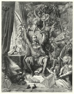 Gustave Dorés Don Quixote: "Eine Welt voller ungeordneter Vorstellungen, aus seinen Büchern herausgepickt, drängte sich in seine Fantasie" (Stich) von Gustave Dore