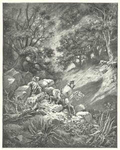 Gustave Dorés Don Quixote: "Aber bitte, Herr," sagte Sancho, "ist es ein gutes Gesetz der Ritterschaft, das besagt, dass wir in dieser felsigen Wildnis über Büsche und Dornen wandern sollen?" von Gustave Dore