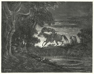 Gustave Dorés Don Quixote: "Don Quixote, begleitet von seinem unerschrockenen Herzen, sprang auf Rozinante" von Gustave Dore