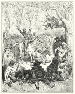 Gustave Dorés Don Quixote: "Don Quixote, auf Rozinante reitend, deklamierte sehr ausführlich gegen ihre Lebensweise" von Gustave Dore