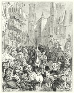 Gustave Dorés Don Quixote: "Sie schlossen ihn in die Mitte ihrer Brigade ein und führten ihn in Richtung Stadt" (Stich) von Gustave Dore