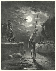 Gustave Dorés Don Quixote: "Er begann, mit anmutiger Haltung am Pferdetrog entlangzugehen" von Gustave Dore