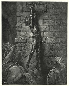Gustave Dorés Don Quixote: "Er wäre unvermeidlich zu Boden gefallen, hätte sein Handgelenk nicht sicher am Seil befestigt gewesen" von Gustave Dore