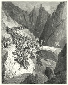 Gustave Dorés Don Quixote: "Wie Don Diego Garcia mit seiner einzigen Kraft den Durchgang einer Brücke gegen eine große Armee verteidigte" von Gustave Dore