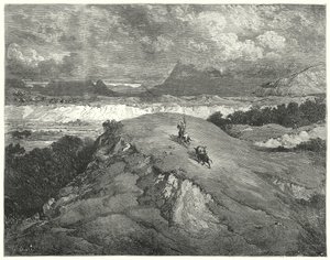 Gustave Dorés Don Quixote: "Es war Nacht, bevor unsere beiden Reisenden den einsamsten Teil des Berges erreichten" von Gustave Dore