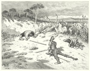 Gustave Dorés Don Quixote: "Sancho, ich habe immer gehört, dass es wie Wasser ins Meer werfen ist, wenn man Bauern einen Gefallen tut" von Gustave Dore