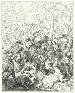 Gustave Dorés Don Quixote: "Die Yanguesen griffen zu ihren Hebeln und Packstäben" (Stich) von Gustave Dore