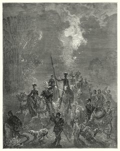 Der Morgen begann sein lächelndes Aussehen im östlichen Teil des Himmels zu verbreiten (Illustration von Don Quixote) von Gustave Dore