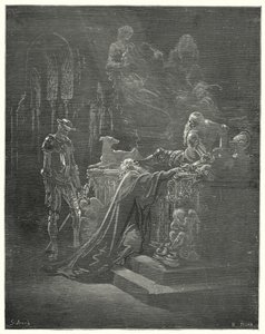 Der ehrwürdige Montesinos fiel vor dem betrübten Ritter auf die Knie (Illustration von Don Quixote) von Gustave Dore