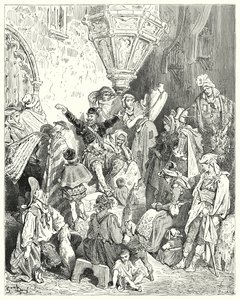 Es gab kein Land auf der Erde, das er nicht gesehen hatte, noch eine Schlacht, an der er nicht teilgenommen hatte (Illustration von Don Quixote) von Gustave Dore