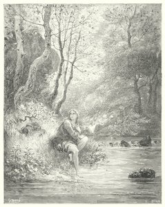 Gustave Dorés Don Quixote: "Sie entdeckten einen jungen Mann in ländlicher Kleidung, der am Fuße eines Felsens hinter einem Eschenbaum saß" von Gustave Dore