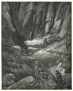 Gustave Dorés Don Quixote: "Sie gingen etwa drei Viertel einer Meile weiter und entdeckten dann unter den Felsen Don Quixote, der inzwischen seine Kleidung, aber nicht seine Rüstung angelegt hatte" von Gustave Dore