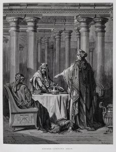 Haman wird von Königin Esther angeklagt, Illustration aus der Dore-Bibel von Gustave Dore