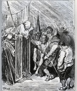 Wie man Don Quixote loswird. Die Leute des Gasthauses beschlossen, ihn einzusperren, indem sie ihn glauben ließen, es handele sich um eine neue Verzauberung und eine neue ritterliche Prüfung - aus „Don Quixote de la Mancha“ von Miguel Cervantes (1547-1616)
