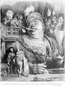 Jedoch warfen vier seiner Leute ihm nacheinander ständig Senf in den Mund, vollgeschaufelt. Auszug aus Gargantua von François Rabelais (1483-1553), Gravur von Gustave Doré (1832-1883)