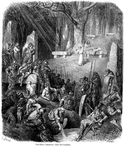 Menschenopfer bei den Galliern - Druiden, Dolmen, Menhir - Stich von Gustave Doré in „L