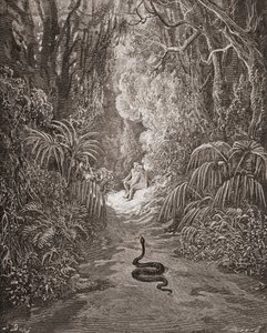 Illustration von Gustave Doré (1832-1883), französischer Künstler und Illustrator, für „Das verlorene Paradies“ von John Milton, Buch IX, Zeilen 434 und 435