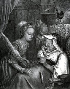 Illustration von Gustave Doré für ein Märchen von Charles Perrault: Dornröschen. Die Prinzessin wird sich an der Spindel einer alten Frau stechen.