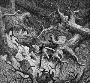 Illustration von „Der wütende Roland“ (Orlando Furioso) von Ludovico Ariosto (Arioste) (1474 - 1533): Roland, völlig wütend, zerstört den Wald und die Tiere. Ill. von Gustave Doré. Gesang 24