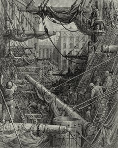 In den Londoner Docks. Gravur: Gustave Doré. Aus: "London - Eine Pilgerreise", Text von W. B. Jerrold, graviert von C. Maurant, 1872.