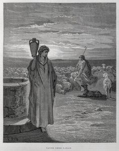 Jakob sieht Rahel am Brunnen von Labans Haus, Illustration aus der Dore-Bibel