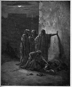 Jehus Gefährten finden die Überreste von Isebel - Holzstich zur Bibel von Gustave Doré - Jehus Gefährten finden Isebels Kopf und Extremitäten - Gravur in „Die illustrierte Bibel“ von Gustave Doré (1832-1883) - Gravur aus „Die Doré-Bibel“