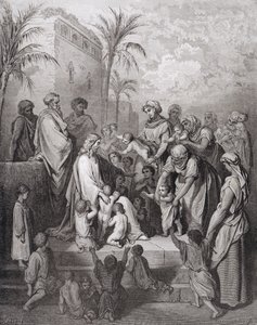 Jesus segnet die Kinder, graviert von Stephane Pannemaker, ca. 1868 von Gustave Dore