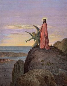 Jesus in der Wüste, der Versuchung des Teufels ausgesetzt - Die Versuchung Christi - Satan versuchte Jesus - Gravur von Gustave Doré - spätere Kolorierung