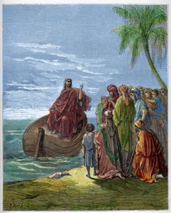 Jesus predigt am See Genezareth - Gravur in „Die illustrierte Bibel“ von Gustave Doré - Gravur aus „Die Doré-Bibel“ von Gustave Dore