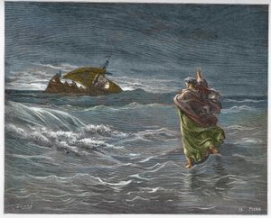 Jesus geht auf dem Wasser des Sees Tiberias - Gravur in Die illustrierte Bibel von Gustave Doré - Gravur aus Die Doré-Bibel von Gustave Dore