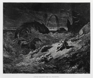 Jona wird vom Wal an Land gespuckt, Illustration aus der Dore-Bibel von Gustave Dore