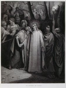 Judas verrät Jesus mit einem Kuss; Illustration aus der Dore-Bibel von Gustave Dore