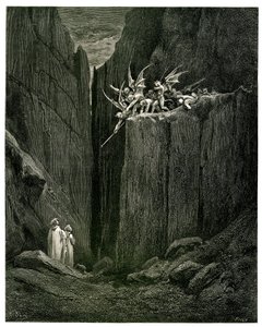Die Hölle (Die göttliche Komödie) von Dante Alighieri, illustriert von Gustave Doré. Ausgabe Hachette 1861. Französische Übersetzung von Pier-Angelo Fiorentino. Dante und Virgil gegenüber den Dämonen: Kaum hatten seine Füße den Grund erreicht - Des Bodens 